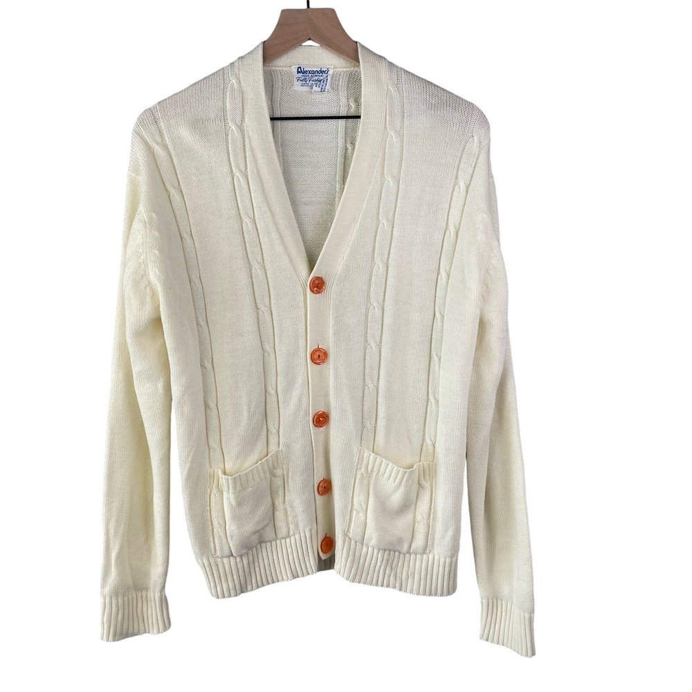 Vintage Alexanders White Cable Knit Cardigan Sweater Grandmacore Preppy Large